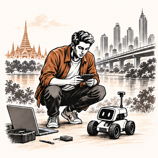 Testing a conceptual robot with a phone in Bangkok