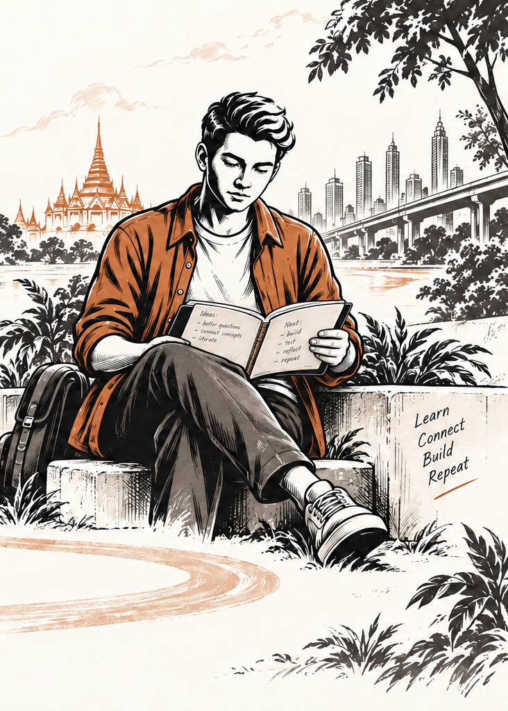 Reading an open notebook resting on my lap
