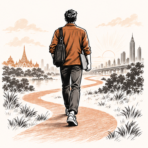 Walking toward the next chapter with a notebook