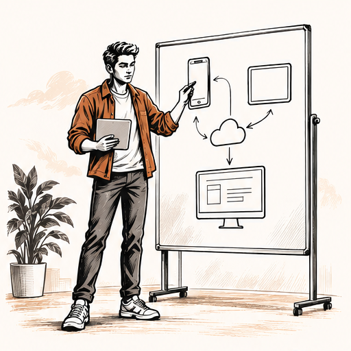 Explaining phone, tablet and desktop interfaces at a whiteboard